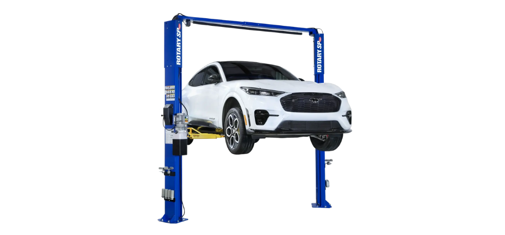 rofessional blue two-post car lift elevating white SUV in home garage setting, demonstrating modern automotive lifting solutions for residential workshop upgrades and DIY vehicle maintenance in 2025.