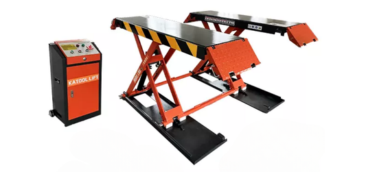 Katool Full Rise Scissors Lift with mid-rise configuration, safety-striped platform, integrated control cabinet, and fold-down approach ramps for versatile automotive service applications.