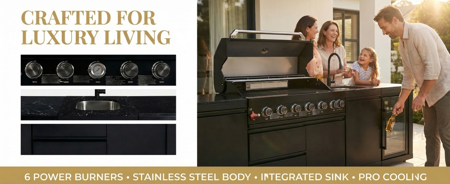102" 6-Burner 85,000 BTU Black Outdoor Kitchen Island Grill + Refrigerator + Marble Countertops + Sink