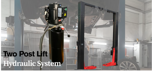 Two Post Lift Hydraulic System displayed in an auto workshop, highlighting the lift mechanism and hydraulic motor for efficient vehicle hoisting and repair operations.