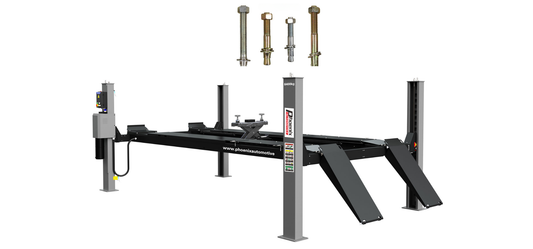 Professional 4-post automotive lift with anchor bolts displayed above, showing proper installation hardware and structural foundation requirements for secure garage mounting and optimal safety compliance.