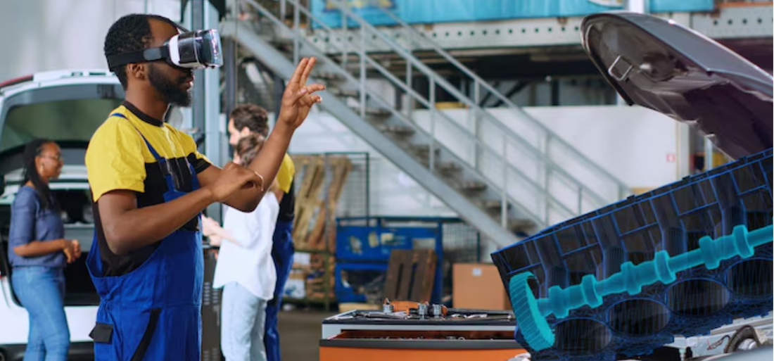 Automotive technician using virtual reality headset to simulate engine diagnostics and repair in a high-tech garage environment.