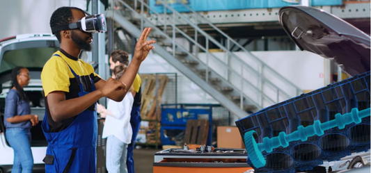 Automotive technician using virtual reality headset to simulate engine diagnostics and repair in a high-tech garage environment.