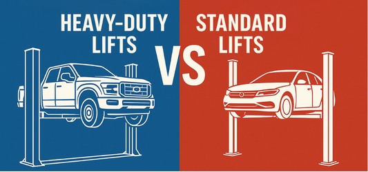 Side-by-side illustration comparing heavy-duty and standard car lifts. Left side shows a pickup truck on a heavy-duty lift with blue background; right side shows a sedan on a standard lift with red background.