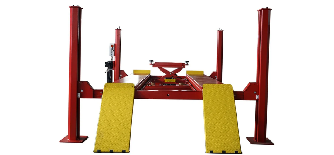 KT-4H150 heavy duty 4-post alignment lift featuring red steel construction, yellow diamond plate safety ramps, integrated scissor lift platform, and professional-grade design for commercial automotive alignment and service applications.
