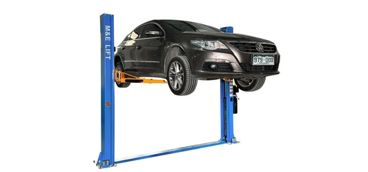 Katool ME-H1000 two-post vehicle lift with 10,000 lbs capacity safely elevating a black Volkswagen sedan, showcasing blue steel construction, orange lifting arms, and professional-grade automotive service capabilities for workshop use.