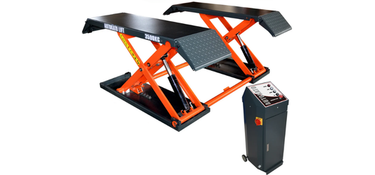 Katool X80 mid rise scissor lift featuring orange steel frame construction, black diamond plate platforms, dual scissor mechanism for 3500kg capacity, and separate control unit for innovative automotive lifting solutions in professional workshops.