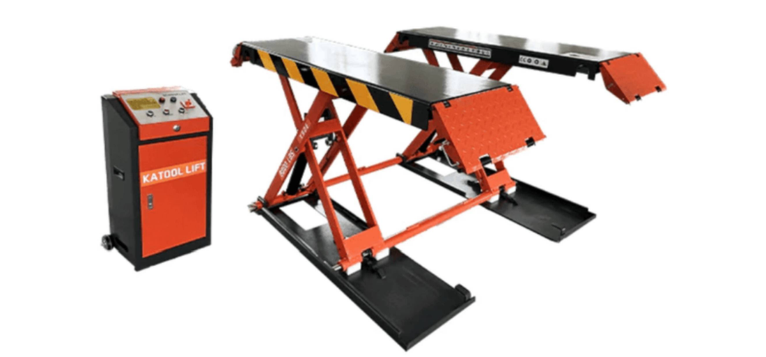 KATOOL X90E 8,000 lbs capacity scissor lift featuring orange steel construction, dual platform design, separate hydraulic control unit, and professional-grade lifting system for automotive workshop applications.