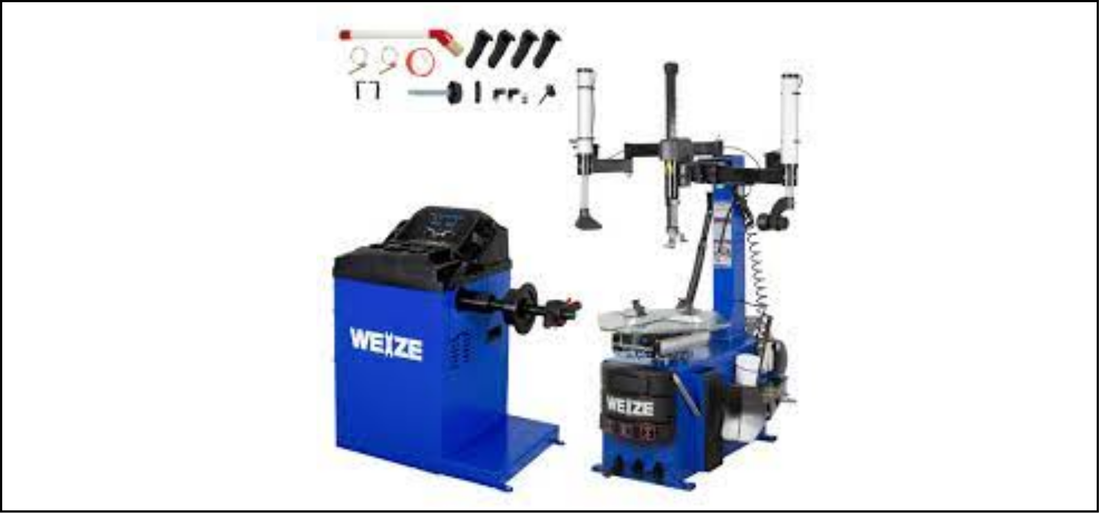 WEIZE Robo-Arm & Robo-Roller Tire Changer professional automotive equipment featuring blue wheel balancer and tire changer machine with automated robotic arm technology for efficient tire mounting and balancing in auto repair shops.