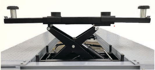 Rolling jack for automotive lift, featuring scissor-style hydraulic mechanism and adjustable arms for vehicle lifting and maintenance.