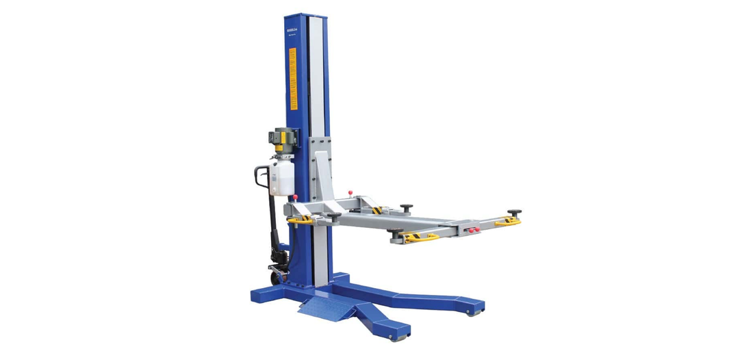 LEADER mobile single post lift featuring blue hydraulic column, adjustable lifting arms, compact design, and premium workshop hydraulic lifting system for residential and commercial automotive applications.