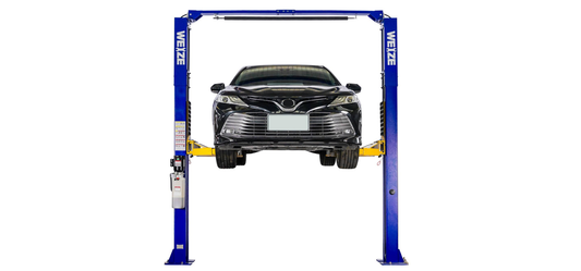 WEIZE 10,000 lbs 2-post car lift demonstrating professional operation with black sedan elevated on yellow lifting arms, showcasing blue steel column construction and reliable automotive lifting capability for garage applications.