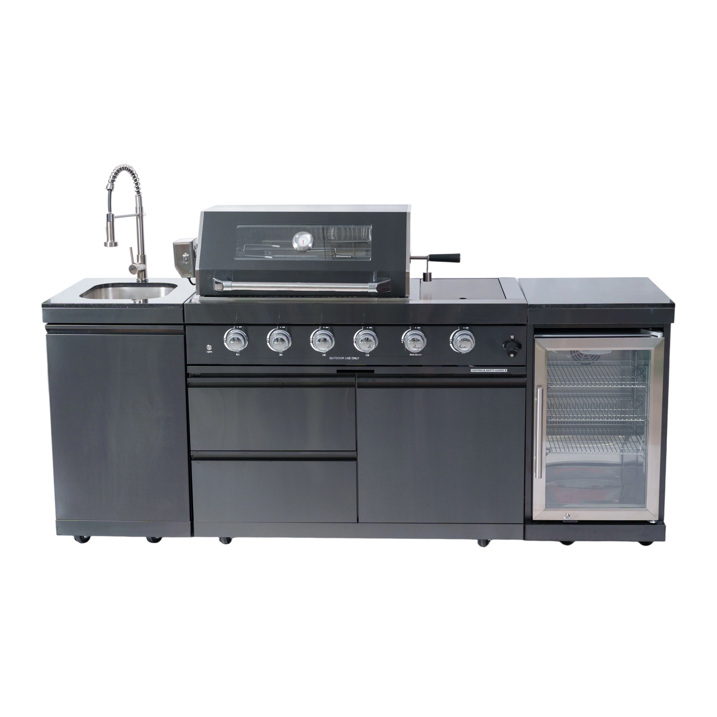 NG 85" 4-Burner 72,000 BTU Black Outdoor Kitchen Island Grill + Refrigerator + Sink