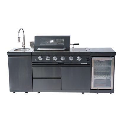 NG 85" 4-Burner 72,000 BTU Black Outdoor Kitchen Island Grill + Refrigerator + Sink