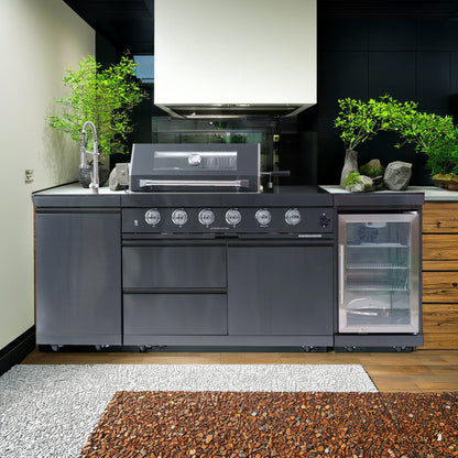 NG 85" 4-Burner 72,000 BTU Black Outdoor Kitchen Island Grill + Refrigerator + Sink