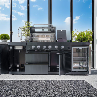 NG 85" 4-Burner 72,000 BTU Black Outdoor Kitchen Island Grill + Refrigerator + Sink