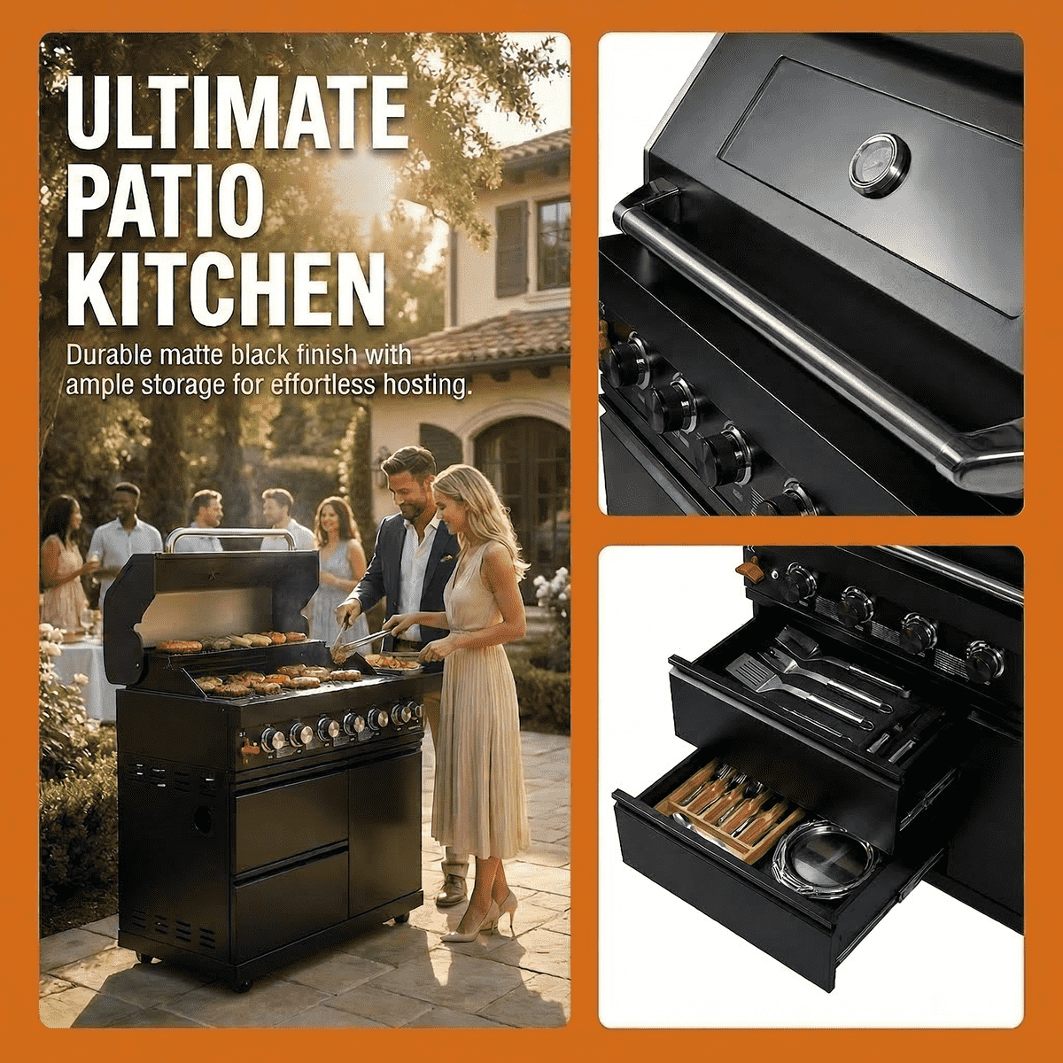 43" Black Six Burners Outdoor Kitchen Island Grill