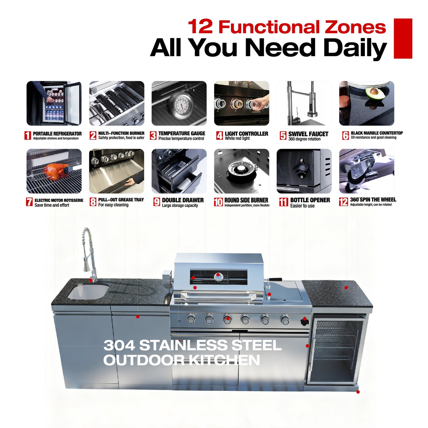 104" 4-Burner 72,000 BTU Silver Outdoor Kitchen Island Grill  with Storage Cabinets & Drawers