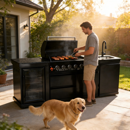 82" 6-Burner 85,000 BTU Gas Outdoor Kitchen Island Grill Stainless Steel Sink Wine Cooler