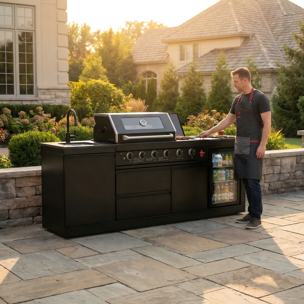 85" 4-Burner 85000 BTU Black Outdoor Kitchen Island Grill with Compact Refrigerator Marble Countertops Sink