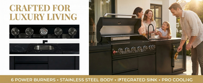 102" 6-Burner 85,000 BTU Black Outdoor Kitchen Island Grill + Refrigerator + Marble Countertops + Sink