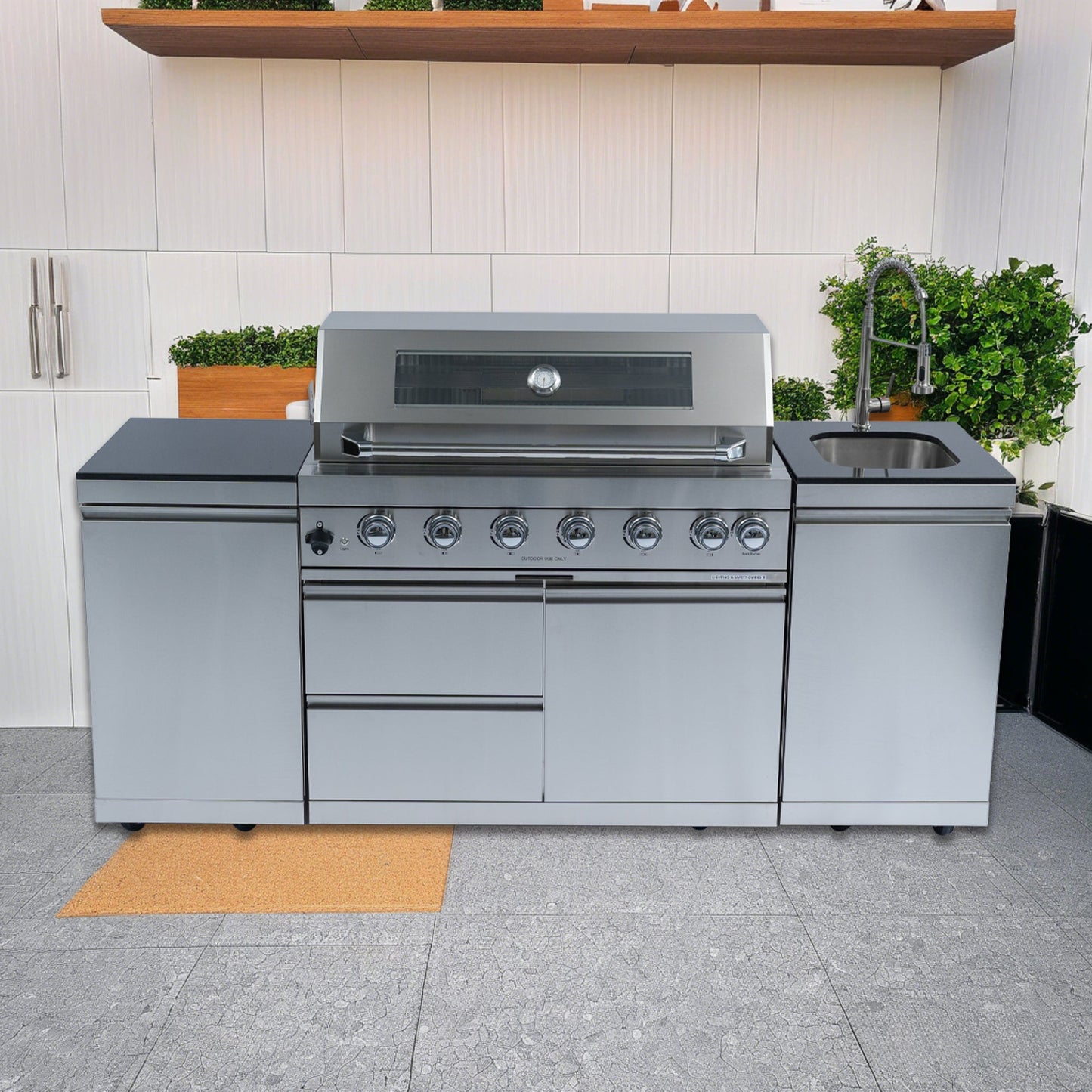 82" 6-Burner 85000 BTU Silver Outdoor Kitchen Island Grill + Storage Cabinets & Drawers & Sink/Faucet