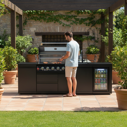 102" 6-Burner 85,000 BTU Black Outdoor Kitchen Island Grill + Refrigerator + Marble Countertops + Sink