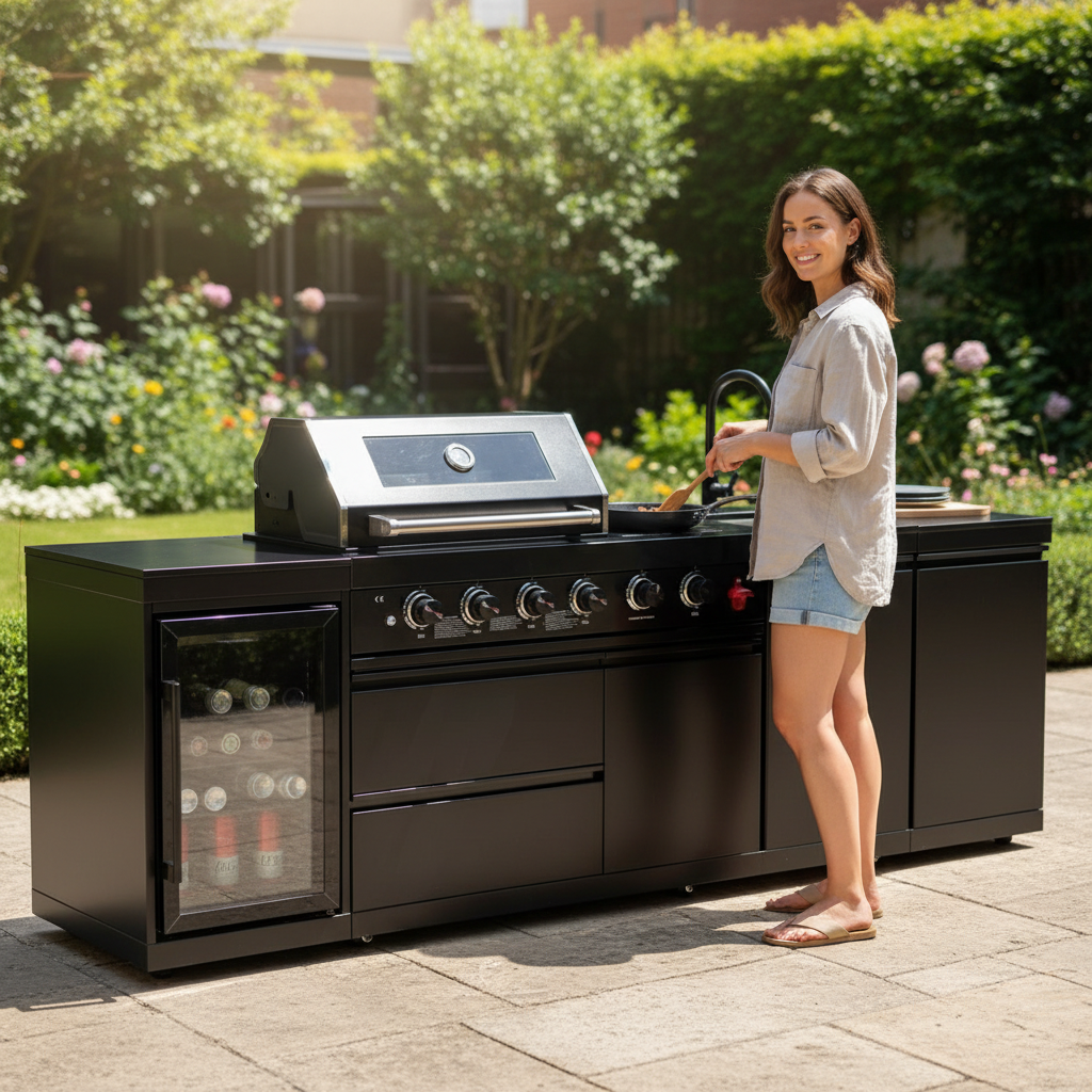 104" 4-Burner 72,000 BTU Black Outdoor Kitchen Bar Barbecue Island Grill + Wine Cooler + Sink