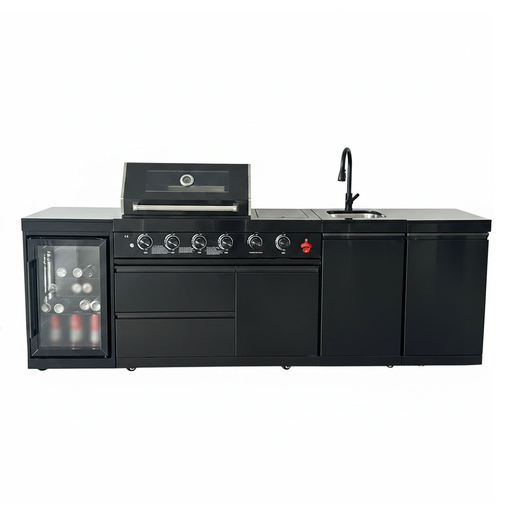 104" 4-Burner 72,000 BTU Black Outdoor Kitchen Bar Barbecue Island Grill + Wine Cooler + Sink