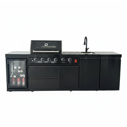 104" 4-Burner 72,000 BTU Black Outdoor Kitchen Bar Barbecue Island Grill + Wine Cooler + Sink
