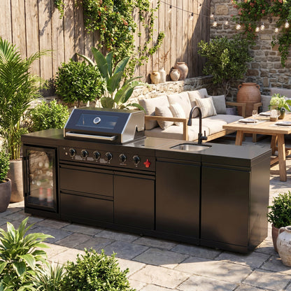 104" 4-Burner 72,000 BTU Black Outdoor Kitchen Bar Barbecue Island Grill + Wine Cooler + Sink
