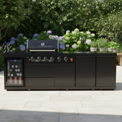 104" 4-Burner 72,000 BTU Black Outdoor Kitchen Bar Barbecue Island Grill + Wine Cooler + Sink