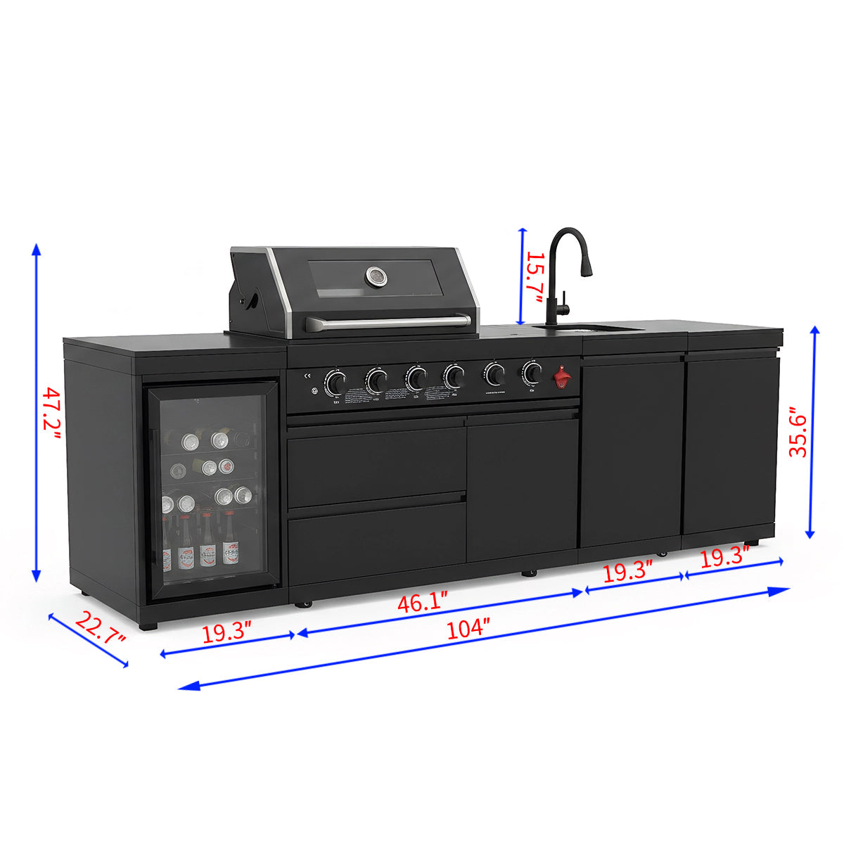 104" 4-Burner 72,000 BTU Black Outdoor Kitchen Bar Barbecue Island Grill + Wine Cooler + Sink