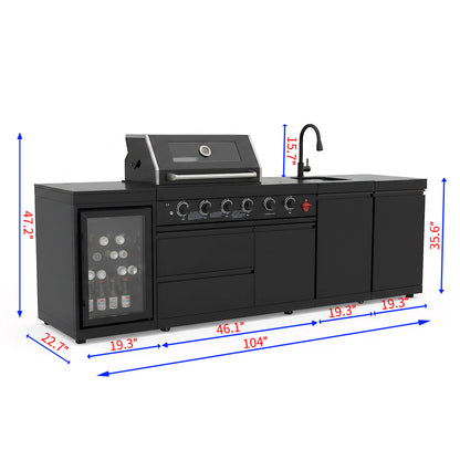 104" 4-Burner 72,000 BTU Black Outdoor Kitchen Bar Barbecue Island Grill + Wine Cooler + Sink