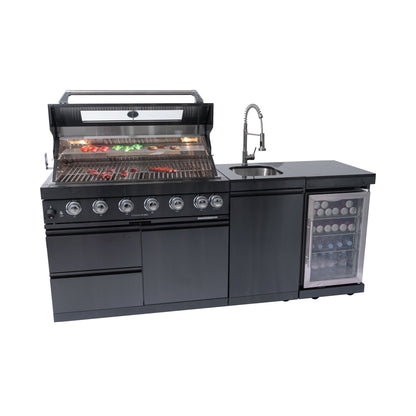 NG 85" 6-Burner 85,000 BTU Black Outdoor Kitchen Island Grill Refrigerator + Rotisserie Kit + Sink