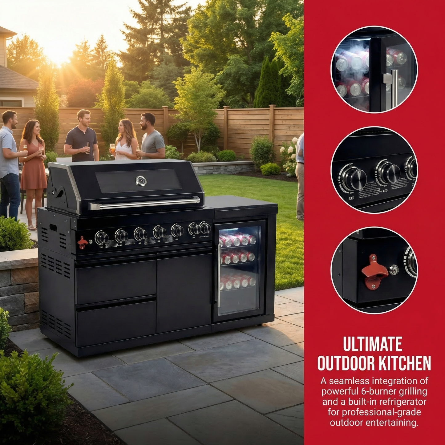 63" 6-Burner Black Outdoor Kitchen Island Grill + Fridge