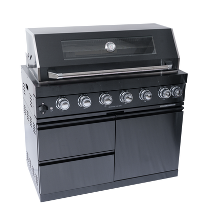 NG 85" 6-Burner 85,000 BTU Black Outdoor Kitchen Island Grill Refrigerator + Rotisserie Kit + Sink