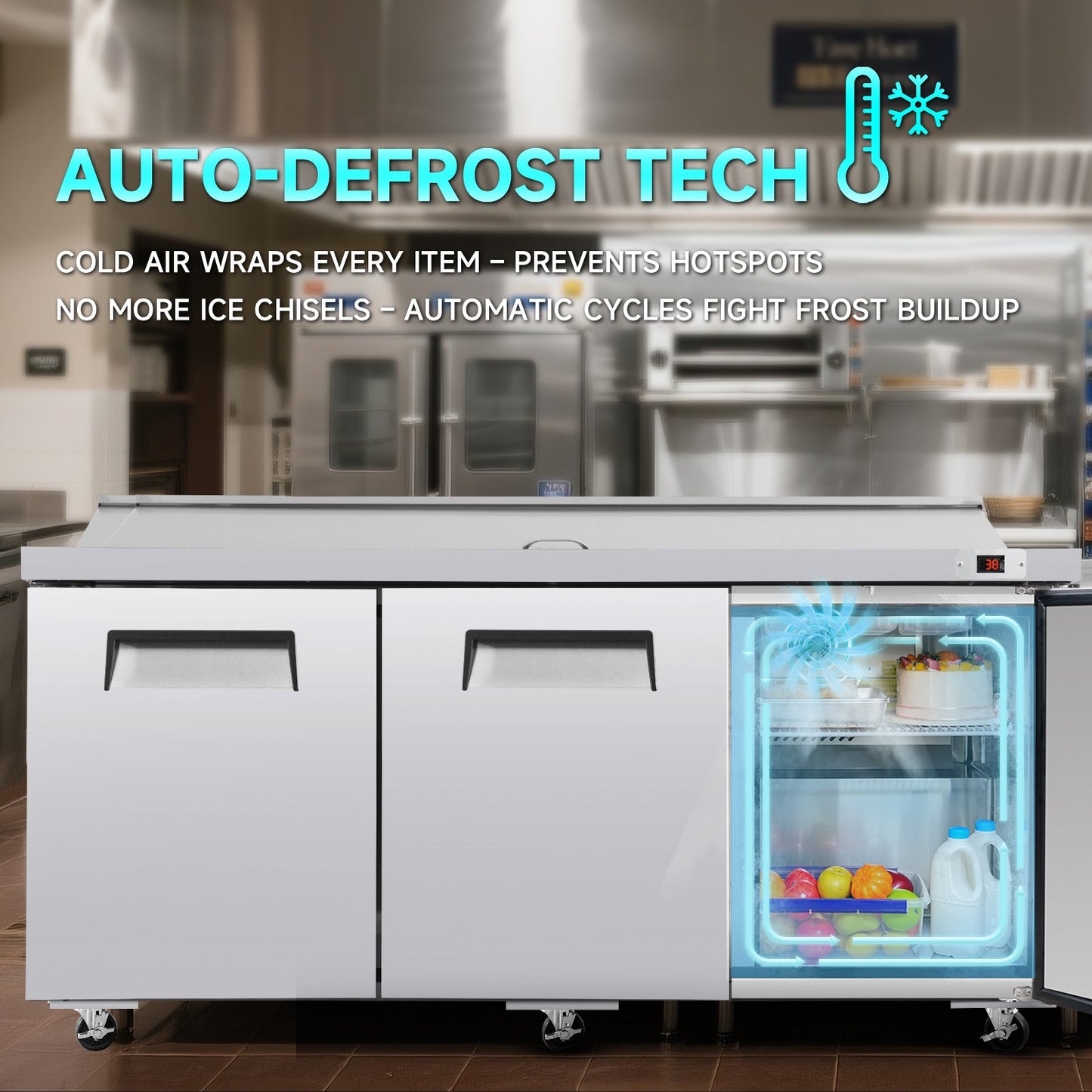 72" Width Commercial Refrigerators Sandwich & Salad Prep Table with a Butcher Block Cutting Board