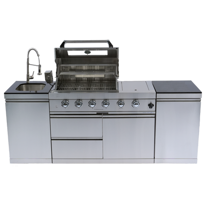 NG 85" 4-Burner 72,000 BTU Silver Outdoor Kitchen Island Grill + Side B & Storage Cabinets & Sink