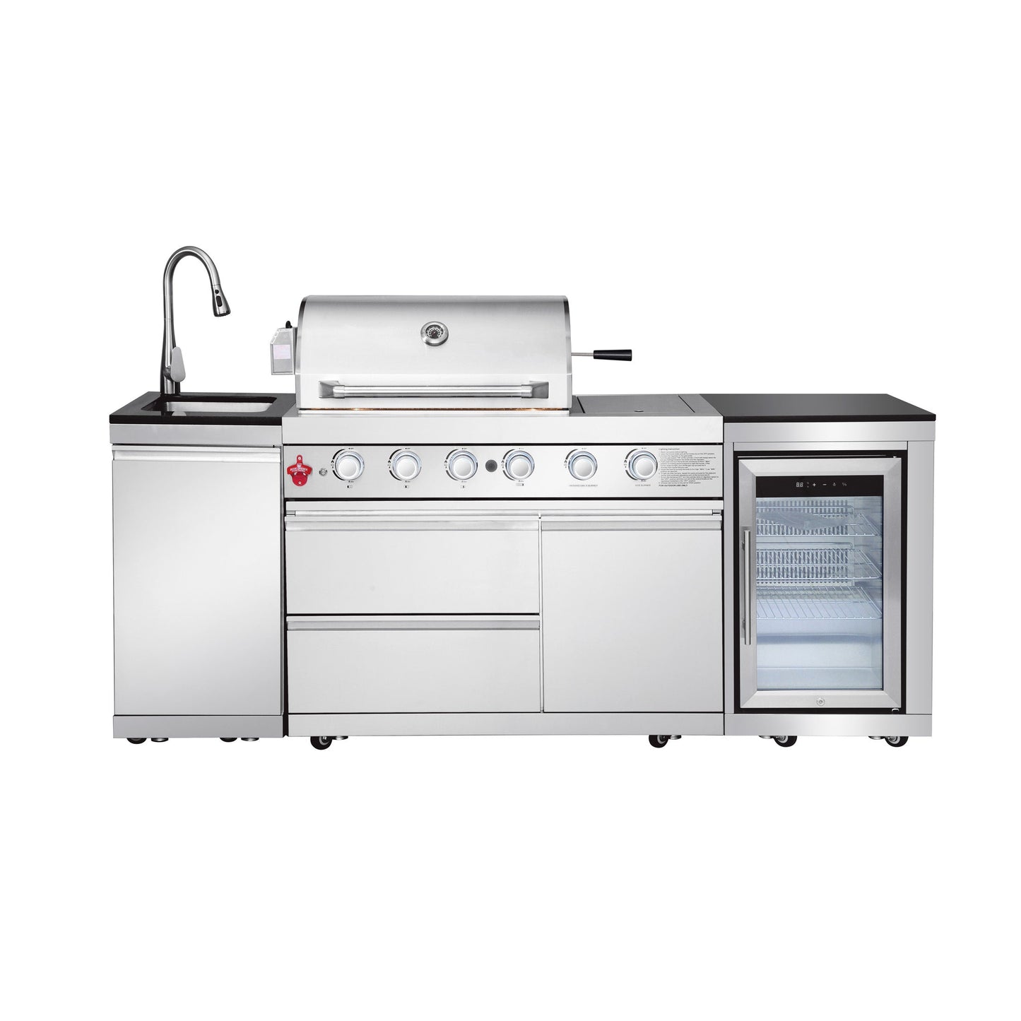 85.2" 4+1 Burner 71500 BTU Silver Outdoor Kitchen Island Grill + Sink + Refrigerator