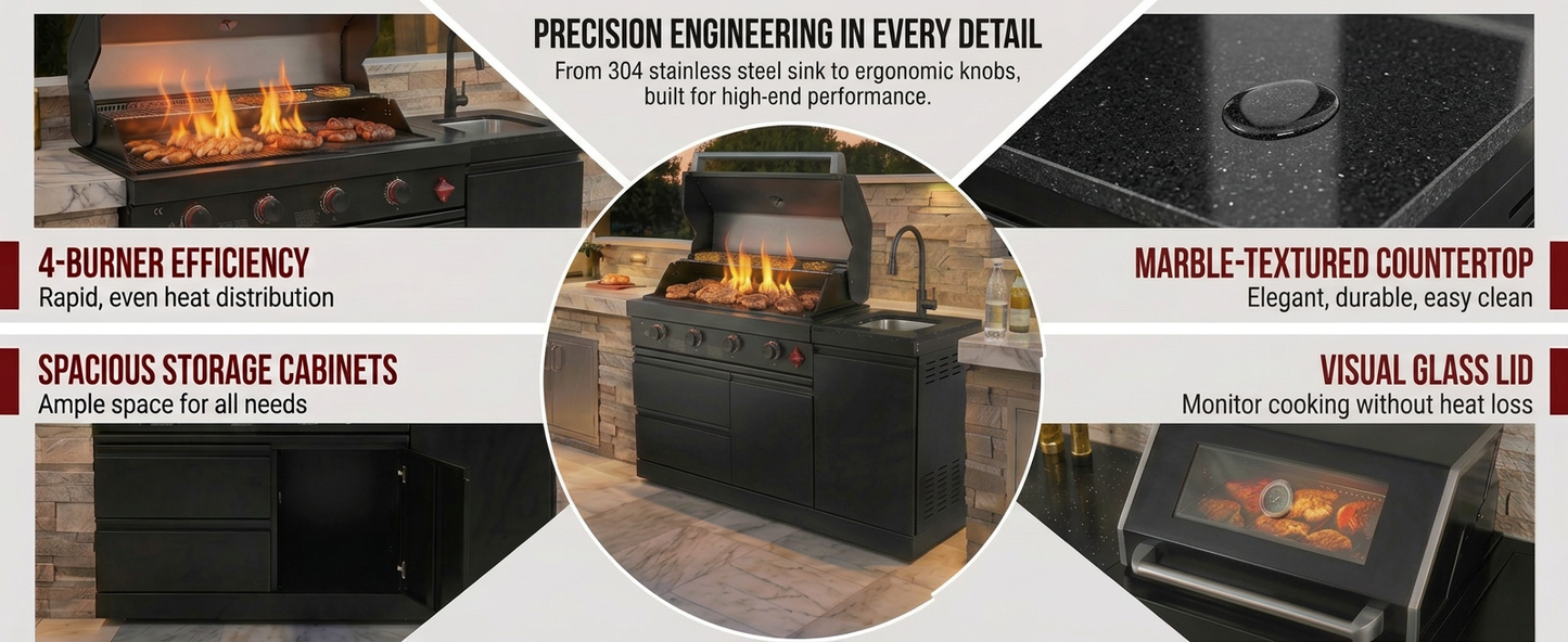 65" 4-Burner 72,000 BTU Black Outdoor Kitchen Island Grill + Round Side Burner