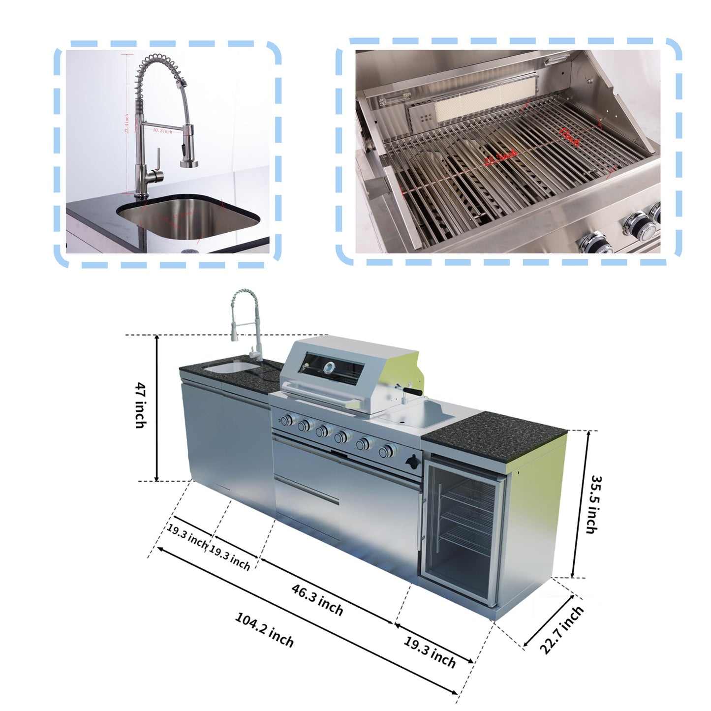 104" 4-Burner 72,000 BTU Silver Outdoor Kitchen Island Grill  with Storage Cabinets & Drawers