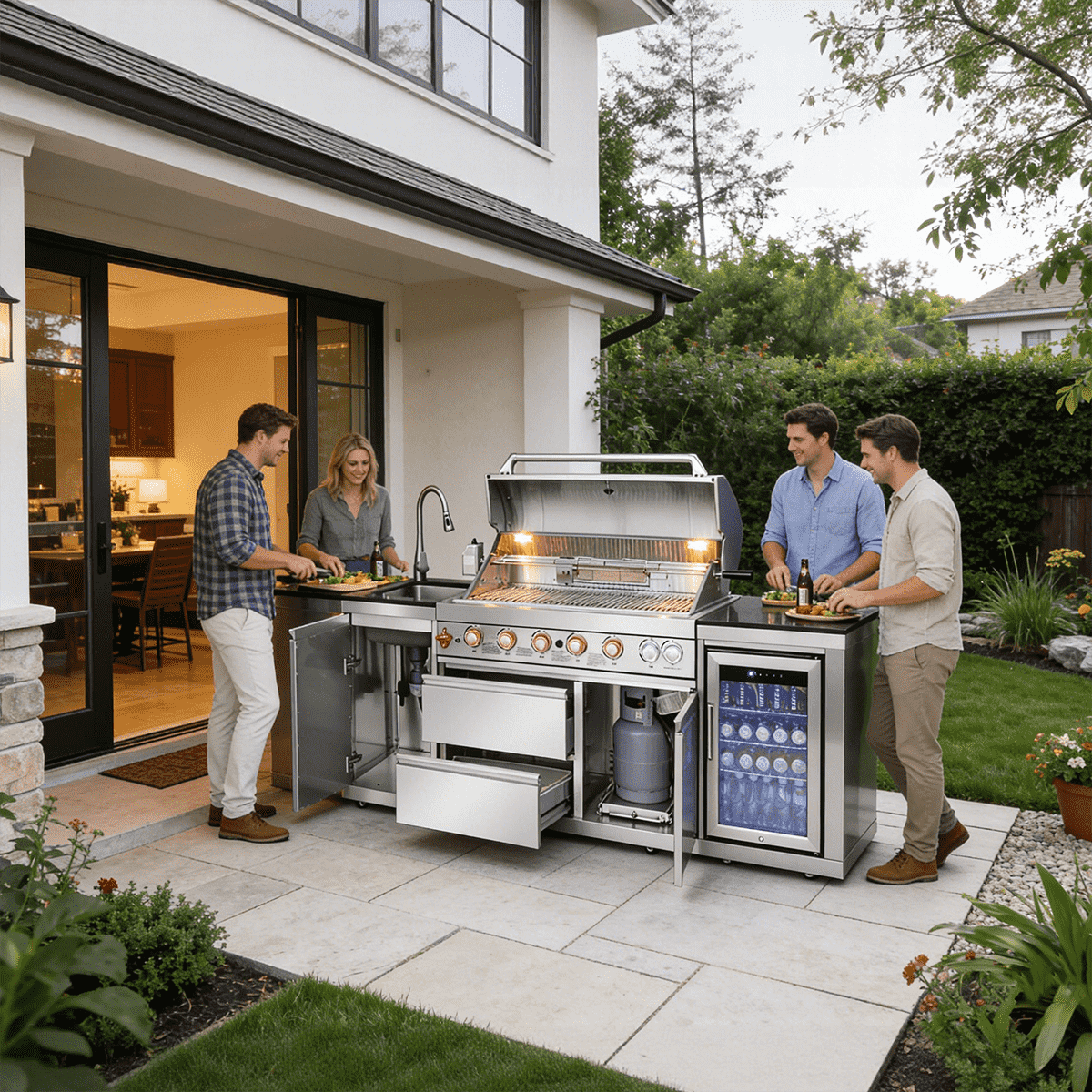 82.5" 6-Burner 83,500 BTU Silver Outdoor Kitchen Island Grill +Sink + Refrigerator
