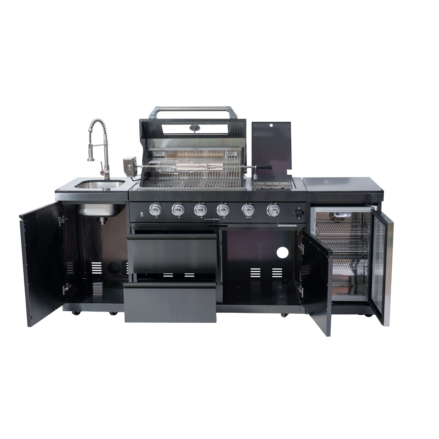 NG 85" 4-Burner 72,000 BTU Black Outdoor Kitchen Island Grill + Refrigerator + Sink