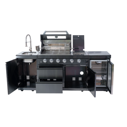 NG 85" 4-Burner 72,000 BTU Black Outdoor Kitchen Island Grill + Refrigerator + Sink
