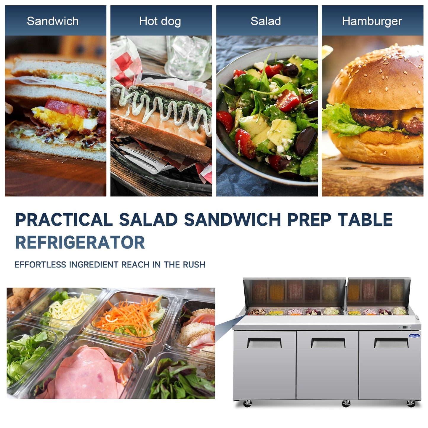 72" Width Commercial Refrigerators Sandwich & Salad Prep Table with a Butcher Block Cutting Board