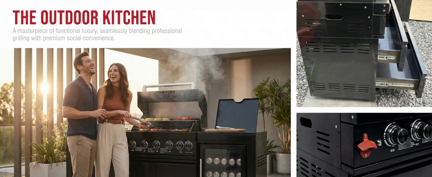 63" 6-Burner Black Outdoor Kitchen Island Grill + Fridge