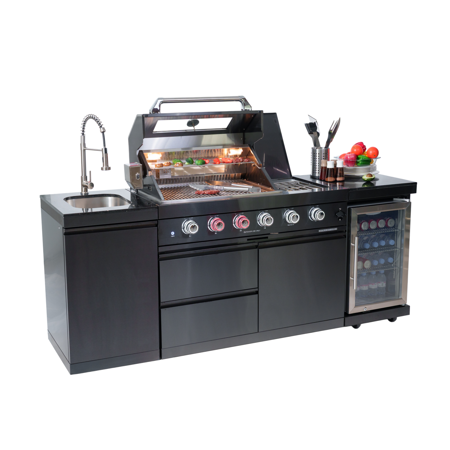 NG 85" 4-Burner 72,000 BTU Black Outdoor Kitchen Island Grill + Refrigerator + Sink