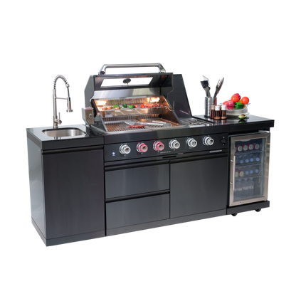 NG 85" 4-Burner 72,000 BTU Black Outdoor Kitchen Island Grill + Refrigerator + Sink