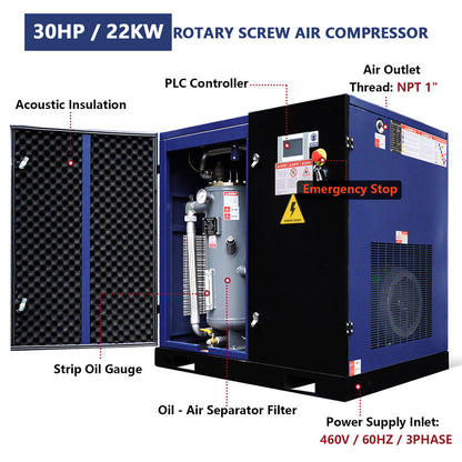123CFM Rotary Screw Air Compressor, 30HP, 125PSI, 460V 3PHASE 60HZ